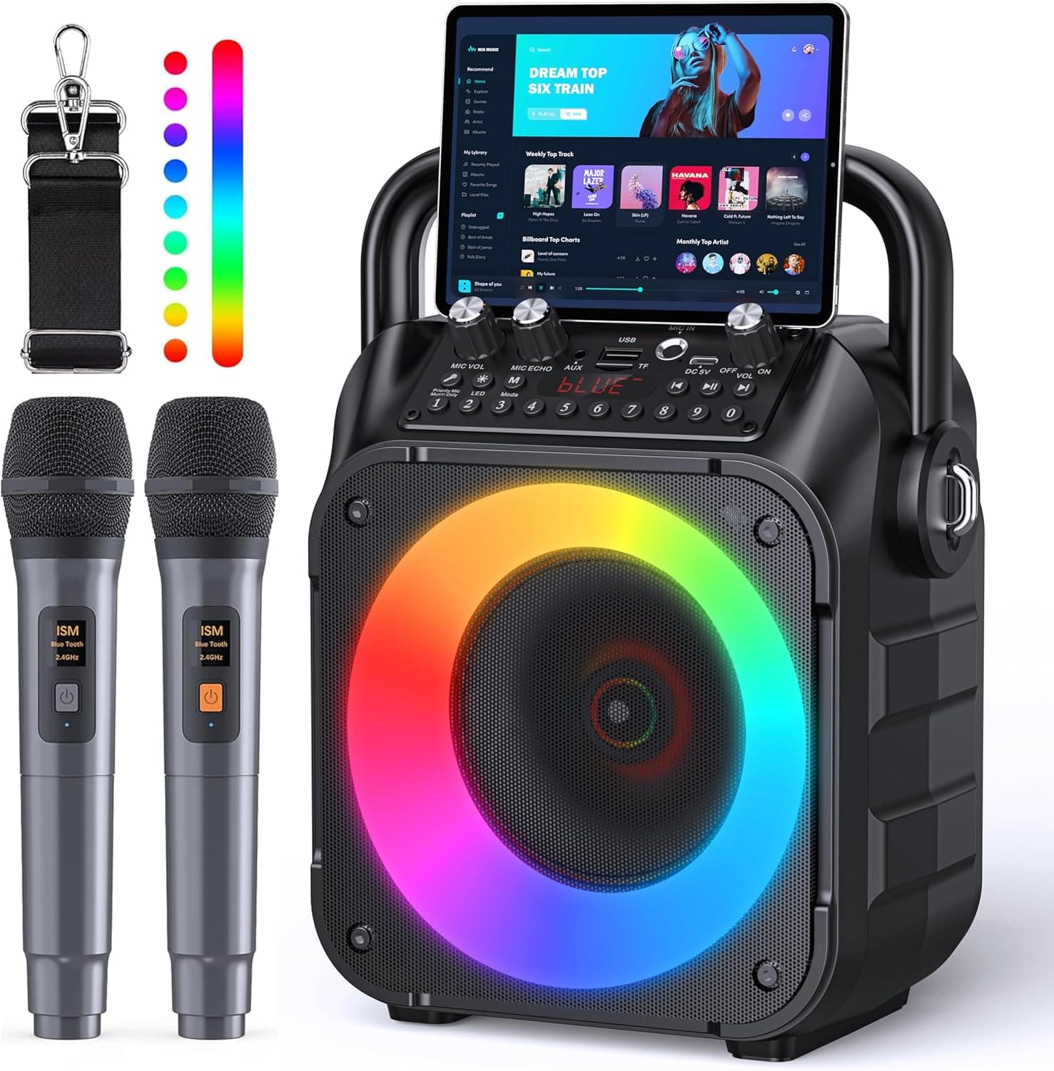 CYY Portable Karaoke Machine with 2 Wireless Microphones & Lights - Black